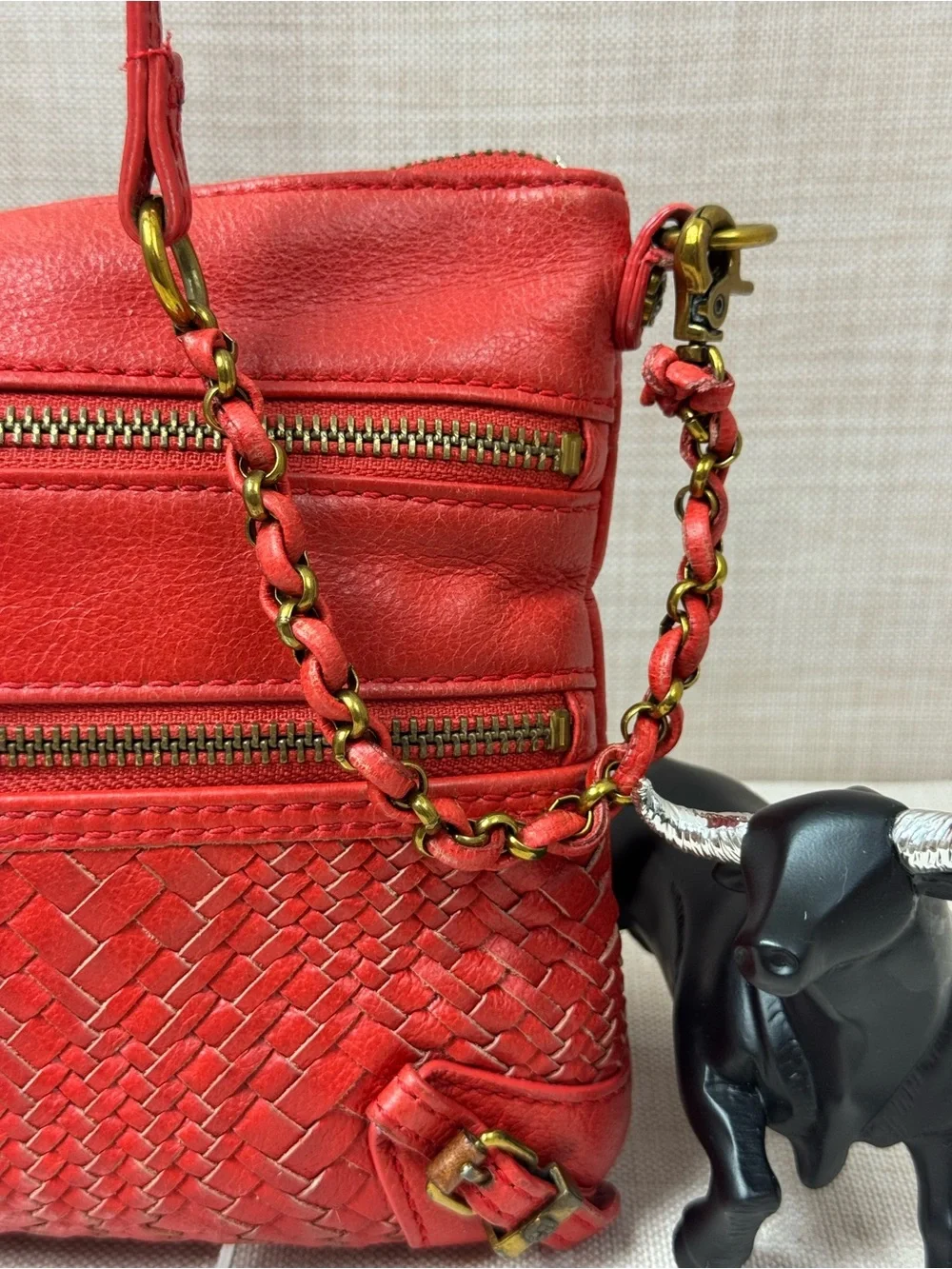 Red Woven Leather Crossbody Bag with Chain-Trim Strap